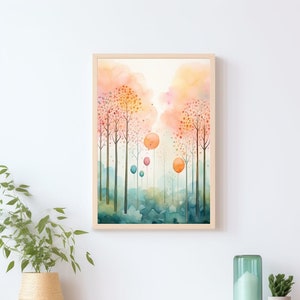 Wald mit Ballons Aquarell, Abstrakter Kunstdruck Bäume, A4, A3, Landschaft mit Bäumen, Einrichtung, bunte Natur, Naturlandschaft, Fantasie