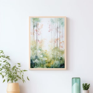 Acuarela del bosque de primavera, árboles impresos de arte abstracto, DIN A4, A3, paisaje con árboles de hoja caduca, muebles, color terroso, otoño, estado de ánimo invernal