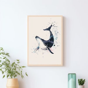 Ballena en el mar acuarela, impresión de arte abstracto con animal marino, DIN A4, A3, ballena, interior marítimo, color oscuro, pez, vida animal en el océano