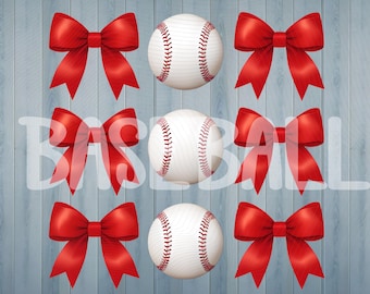 Red Bows and Baseballs PNG | Cute Baseball Clipart | Sports and Ribbon Sublimation Design | Digital Download | Transparent Background