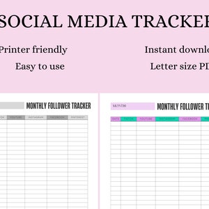 May include: A printable social media tracker with a pink background. The tracker is divided into columns for each platform, including TikTok, YouTube, Instagram, Facebook, and Pinterest. The tracker is designed to help users track their follower growth over time.