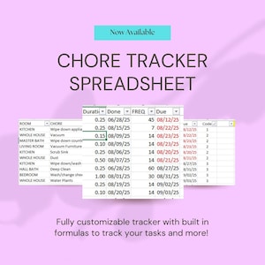 May include: A digital chore tracker spreadsheet with a teal and purple background. The spreadsheet includes columns for chore, duration, frequency, and due dates. Text at the top reads "Now Available" and "CHORE TRACKER SPREADSHEET".