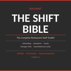 May include: A digital graphic with the text "THE SHIFT BIBLE" in large white letters. Below, it reads "The Complete Restaurant Staff Toolkit." Additional text includes "Onboarding, Operations, Scripts" and "Editable, Print-Ready, Instant Download."