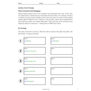 Może przedstawiać: Biała karta pracy zatytułowana "INTRO TO PYTHON" z przykładami kodu Python. Karta pracy wyjaśnia składnię i debugowanie języka Python, z instrukcjami poprawiania błęd&oacute;w w kodzie. Zawiera ponumerowane przykłady z nieprawidłowymi i poprawnymi blokami kodu.