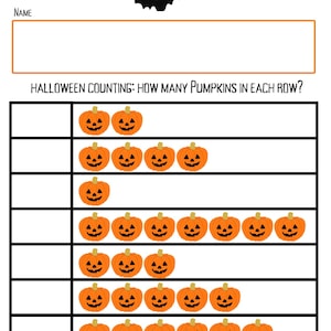 May include: A Halloween-themed printable worksheet with a black and white grid and rows of orange pumpkins with black faces. The text "HALLOWEEN COUNTING: HOW MANY PUMPKINS IN EACH ROW?" is at the top of the worksheet. The text "HAPPY HALLOWEEN ECO EXPLORERS" is at the bottom of the worksheet.