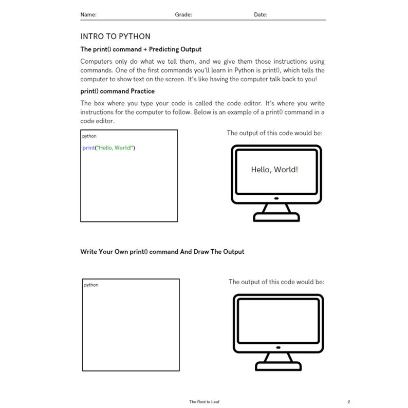 Może przedstawiać: Biała karta pracy zatytułowana "INTRO TO PYTHON" z instrukcjami dotyczącymi polecenia print(). Zawiera przykład edytora kodu z "print("Hello, World!")" i ekran komputera pokazujący "Hello, World!"