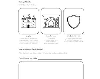 Zamki dawno temu | Arkusz ćwiczeń z historii dla klas K–1 | Nauka o społeczeństwie w edukacji domowej (PDF)