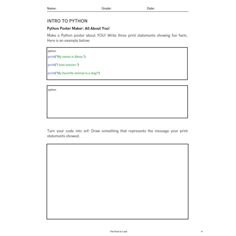 Może przedstawiać: Biała karta pracy zatytułowana "INTRO TO PYTHON" z instrukcjami do plakatu Python. Zawiera przykładowy kod Python: print("My name is Alexa."), print("I love soccer.") i print("My favorite animal is a dog!").