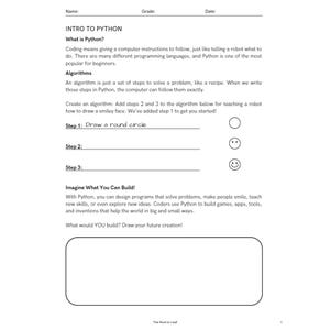 Może przedstawiać: Biała karta pracy zatytułowana "Intro to Python" z instrukcjami dotyczącymi kodowania i algorytm&oacute;w. Zawiera kroki do uzupełnienia, aby narysować uśmiechniętą buzię i miejsce na narysowanie przyszłego dzieła.