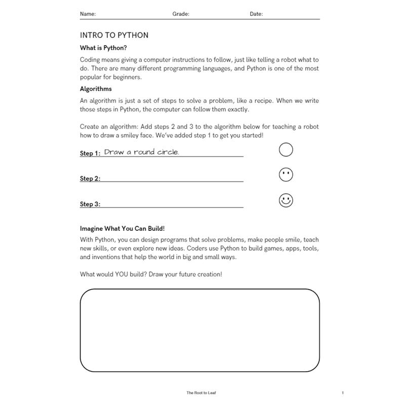 Może przedstawiać: Biała karta pracy zatytułowana "Intro to Python" z instrukcjami dotyczącymi kodowania i algorytm&oacute;w. Zawiera kroki do uzupełnienia, aby narysować uśmiechniętą buzię i miejsce na narysowanie przyszłego dzieła.