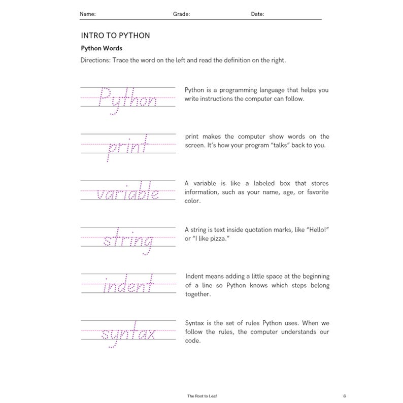 Może przedstawiać: Biała karta pracy zatytułowana "INTRO TO PYTHON" ze słowami Pythona do śledzenia i definicjami. Słowa obejmują Python, print, variable, string, indent i syntax. Karta pracy jest przeznaczona do cel&oacute;w edukacyjnych.