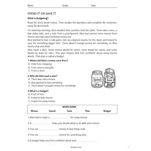 May include: A black and white worksheet titled "SPEND IT OR SAVE IT" with questions about budgeting. The worksheet includes a story about money, questions, and a word bank. Two jars labeled "Spend" and "Save" are illustrated.