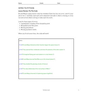 Może przedstawiać: Biała karta pracy zatytułowana "INTRO TO PYTHON" z przeglądem lekcji na temat naprawiania błęd&oacute;w w kodzie. Tekst zawiera instrukcje i przykłady kodu z błędami. Karta pracy jest przeznaczona do cel&oacute;w edukacyjnych.