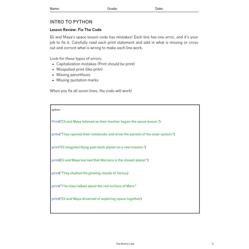 Może przedstawiać: Biała karta pracy zatytułowana "INTRO TO PYTHON" z przeglądem lekcji na temat naprawiania błęd&oacute;w w kodzie. Tekst zawiera instrukcje i przykłady kodu z błędami. Karta pracy jest przeznaczona do cel&oacute;w edukacyjnych.