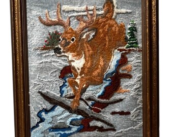 Holiday Crewel vintage 1960s reindeer snowscape in upcycled frame