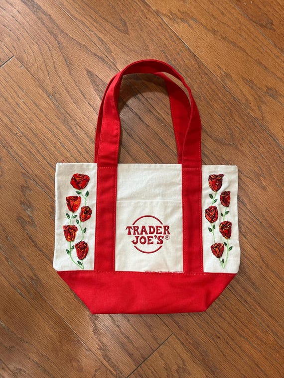Custom Made Hand Embroidered Trader Joe's Viral Mini Tote in RED