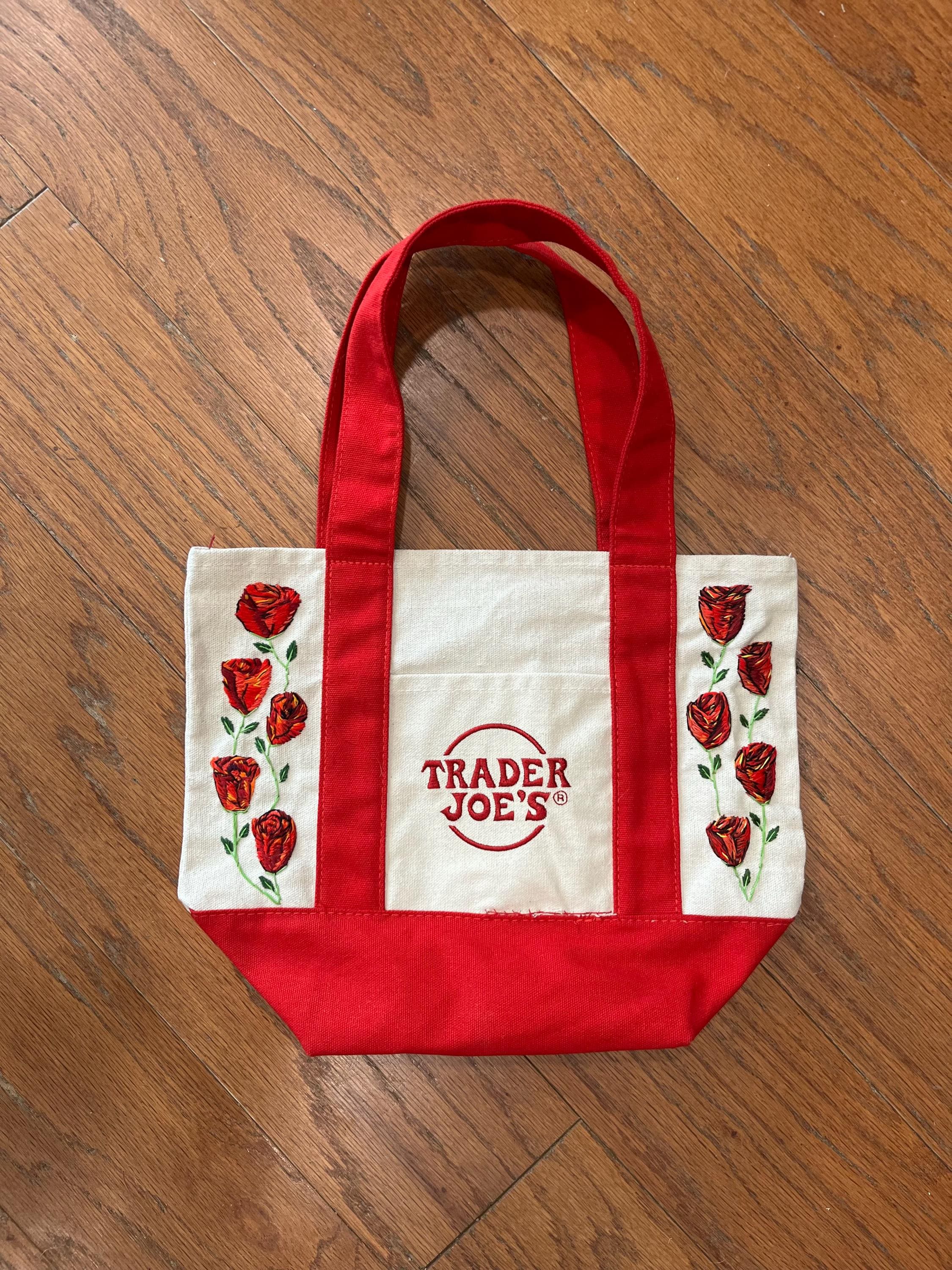 Custom Made Hand Embroidered Trader Joe's Viral Mini Tote in RED