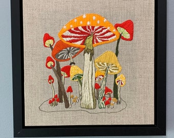 Mid century style 70s vibe Hippie Mushrooms schrooms crewel hand embroidered art wall hanging 10 by 10 inches Framed