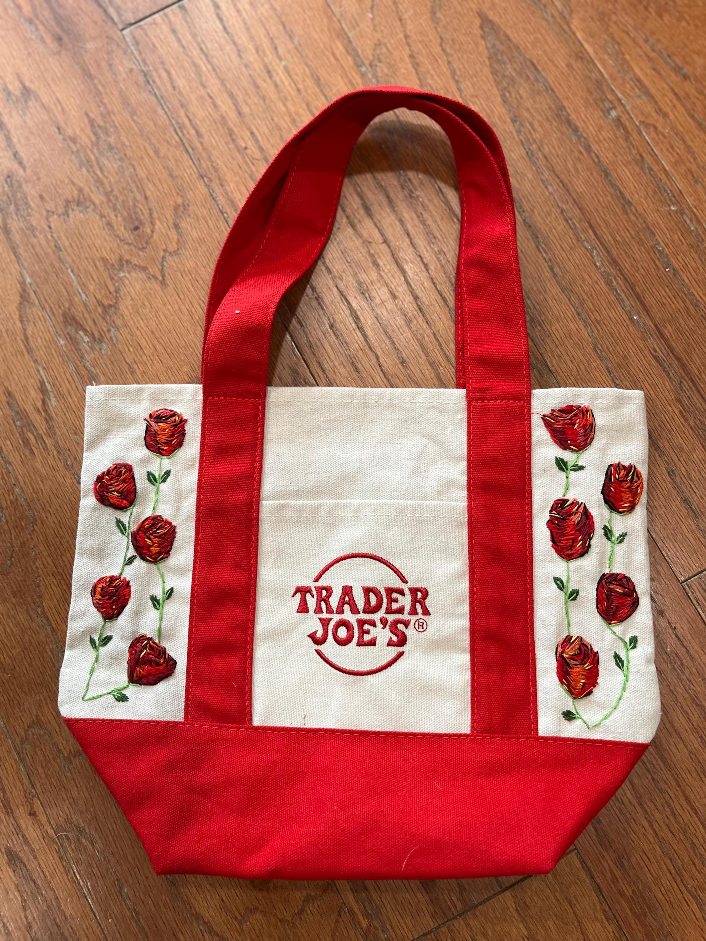 Custom Made Hand Embroidered Trader Joe's Viral Mini Tote in RED