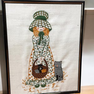 Mid century TRUE vintage  kitsch MOD cat 2 piece set crewel hand embroidered art wall hanging