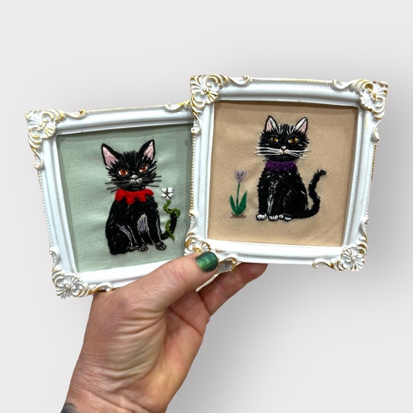 Mid century style thread painting  kitsch MOD black cat 2 piece set crewel hand embroidered art wall hanging resin frame 4.5 in x 4.5 in