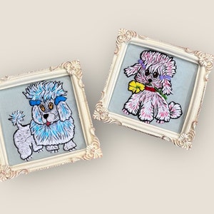 Poodle dog thread painting  kitsch MOD 2 piece set crewel hand embroidered art wall hanging resin frame 4.5 in x 4.5 in