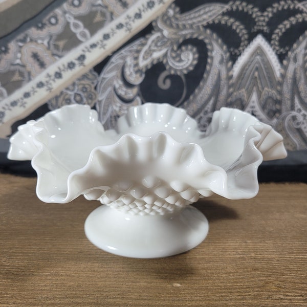 Fenton Crimped and Ruffled Milkglass Hobnail Footed Bowl