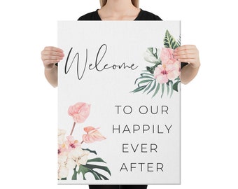 Welcome to our happily ever after sign for wedding reception and ceremony, Canvas welcome sign for elegant wedding, wedding decorations
