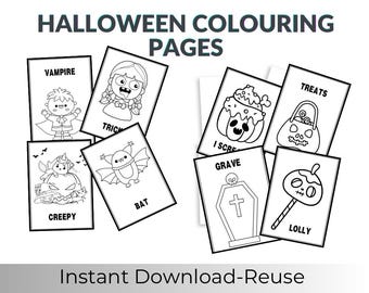 May include: A collection of Halloween coloring pages featuring black and white line art illustrations of a vampire, a trick-or-treater, a pumpkin, a bat, a grave, and a lolly. The text reads HALLOWEEN COLOURING PAGES and Instant Download-Reuse.