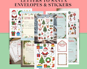 May include: A collection of Christmas-themed stationery, including envelopes, stickers, and letter templates. The designs feature Santa Claus, snowmen, Christmas trees, and gift boxes. Text includes "Letters to Santa" and "Print & Cut at Home!"