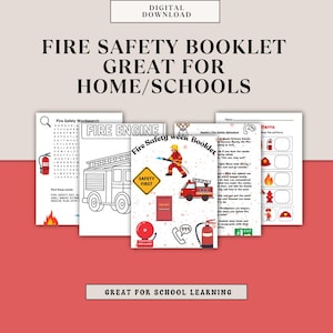 Peut inclure: Un téléchargement numérique d'un livret sur la sécurité incendie, avec le texte "Fire Safety Booklet Great for Home/Schools". Le livret comprend des illustrations d'un camion de pompiers, d'un pompier et des conseils de sécurité incendie. Fond rouge clair.