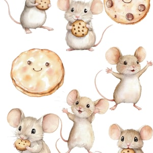 以下が含まれることがあります： 水彩イラスト。チョコレートチップクッキーをそれぞれ持っている、または近くにいる、愛らしいネズミがいくつかいます。クッキーとネズミは茶色、ベージュ、白の色合いで、陽気で気まぐれなスタイルです。