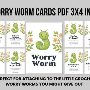 May include: A set of Worry Worm cards, each 7.6 x 10.2 cm, with a cheerful green worm design. The cards have comforting phrases such as "Hello Friend!" and "Smile with me." The words "Worry Worm" are displayed in a central position.