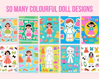 Printable Paper Doll -Dress The Doll Activity Colourful Designs: 18 Pages, Instant Download