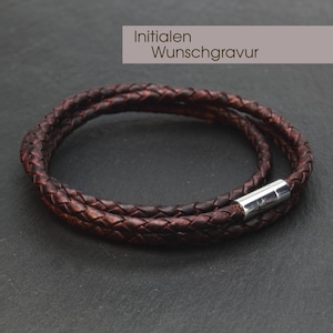 Leather bracelet with engraved monogram on stainless steel magnetic clasp