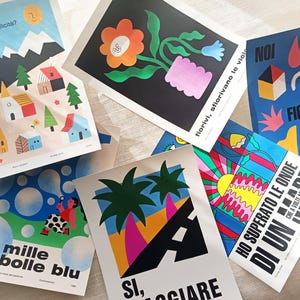 Kit 4 illustrations "SONGS" - art print with reference to the world of Italian music, gift idea for a friend