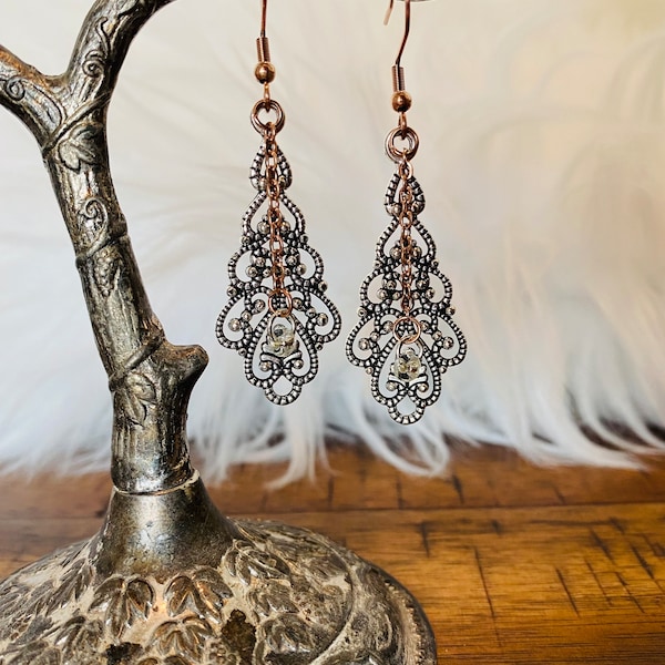 Gypsy Swirl Lace Earrings / Silver Victorian Jewelry / Rose Gold Rustic Bohemian Jewelry / Gift for Sister / Teardrop Boho Ornate Earrings