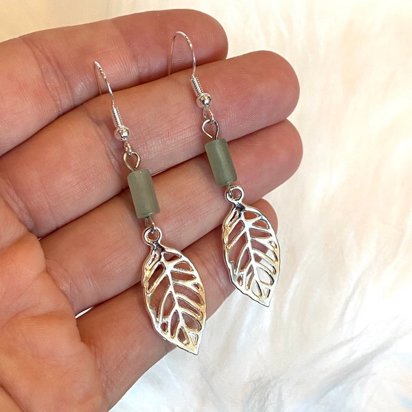 Leaf Earrings, Green Forest Earrings, Nature Jewelry, Aventurine Earrings, Natural Stone, Hippie Jewelry, Tree Leaves, Boho Gift for Sister
