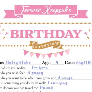 Kids Birthday Interview, Keepsake, Printable Birthday Questionnaire ...