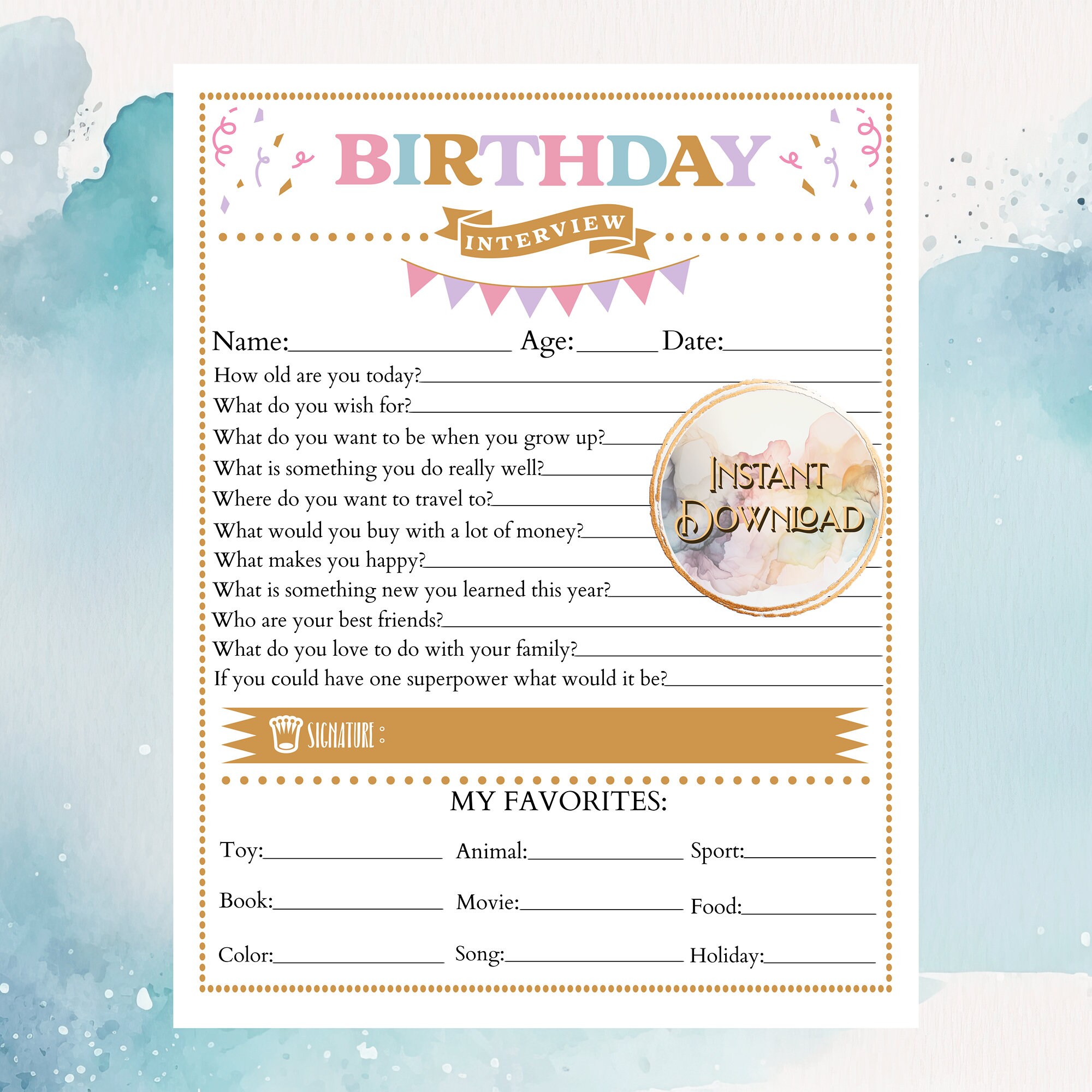 Kids Birthday Interview, Keepsake, Printable Birthday Questionnaire ...
