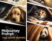 Midjourney prompt, Create cozy animal portraits, professional digital Ai wall art, animal book illustration, Poster design, Instant download