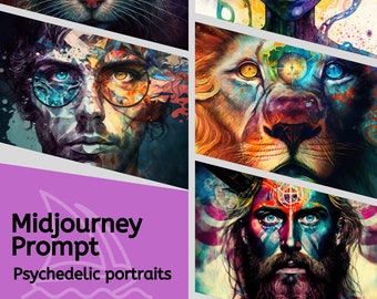 May include: A collage of four psychedelic portraits. The portraits are of a cat, an alien, a lion, and a person. The portraits are all in vibrant colors and have a surreal, dreamlike quality.