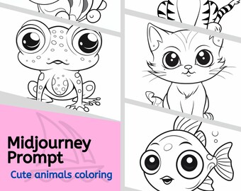 Midjourney prompt, Create cute animal coloring pages, professional digital Ai generated art, Colouring book illustrations, Instant download