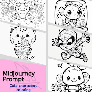 Midjourney prompt, Create fun kids coloring pages, professional digital Ai generated art, Colouring book illustrations, Instant download