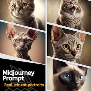 Midjourney prompt, Photo realistic cat portraits professional digital Ai wall art, animal book illustration, Poster design, Instant download