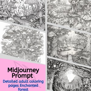May include: Five black and white detailed illustrations of enchanted forests with intricate details. The illustrations feature trees, houses, bridges, and other elements of a fantasy world. The images are suitable for adult coloring pages.