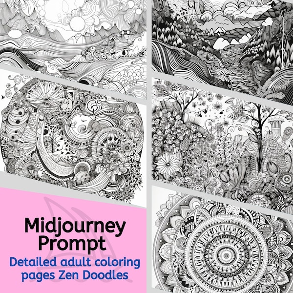 Detailed Zen Doodle adult coloring pages, Midjourney prompts, professional digital Ai generated art, Colouring book , Instant download