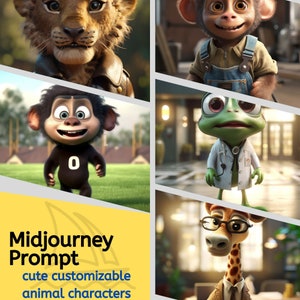 Midjourney prompts, Cute animal characters, print on demand poster prints designs, Kids book illustration, Instant Download