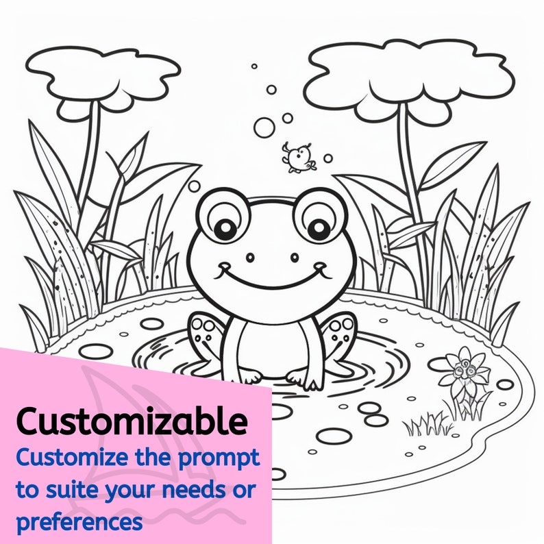 May include: A black and white line drawing of a frog sitting in a pond with lily pads and reeds. There is a small crab in the water above the frog.