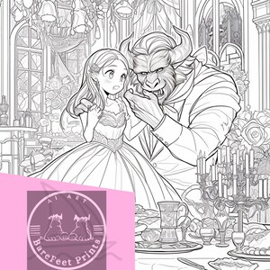 May include: A black and white line art illustration of a woman in a ball gown and a beast in a suit. The woman is holding a rose and the beast is holding her hand. The scene is set in a grand ballroom with a chandelier and candles.